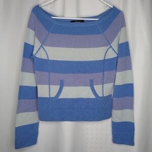 Express Vtg Cashmere Sweater Boxy Boatneck Pocket Stripe Purple Blue Medium